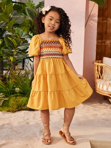 Young Girls' Colorblocking Striped Butterfly Puff Sleeve Dress
