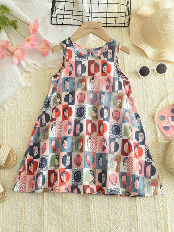Young Girls' Colorful Cute Character Graffiti Print Simple Sleeveless Dress For Summer