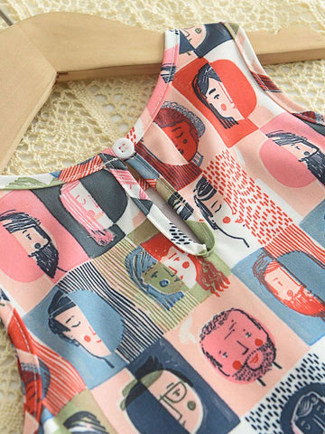 Young Girls' Colorful Cute Character Graffiti Print Simple Sleeveless Dress For Summer