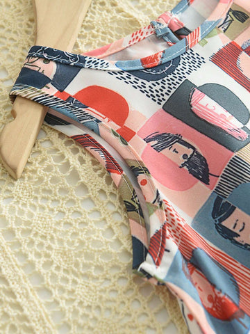 Young Girls' Colorful Cute Character Graffiti Print Simple Sleeveless Dress For Summer