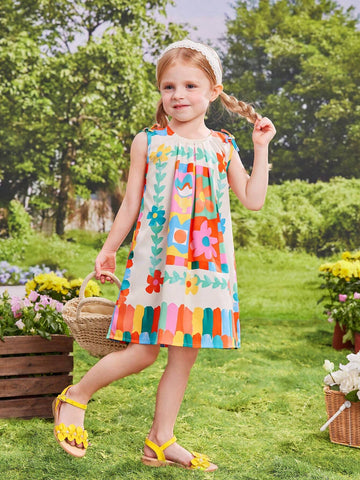 Young Girl's Colorful Dopamine Print Vacation Dress