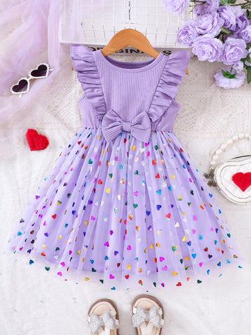 Young Girls' Colorful Heart Pattern Ruffled Bow Splice Mesh Princess Dress, Spring/Summer