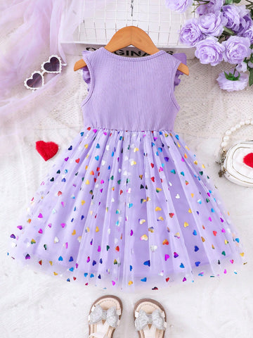 Young Girls' Colorful Heart Pattern Ruffled Bow Splice Mesh Princess Dress, Spring/Summer