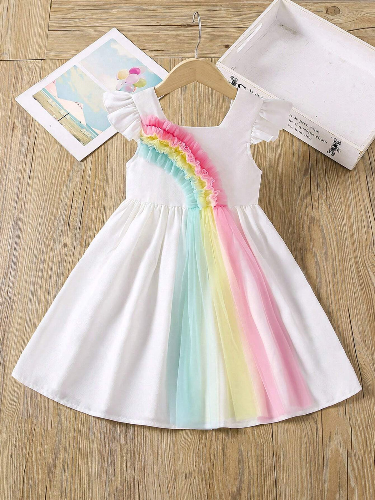 Young Girl's Colorful Mesh Rainbow Pattern Cap Sleeve Dress, Summer Vacation