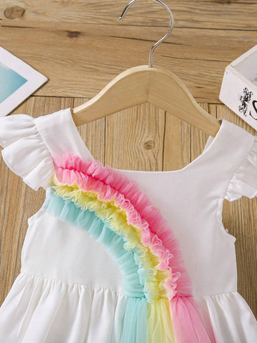 Young Girl's Colorful Mesh Rainbow Pattern Cap Sleeve Dress, Summer Vacation