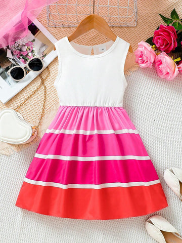 Young Girls' Colorful Sleeveless Dress, Cute And Suitable For Outdoor Activities In Summer