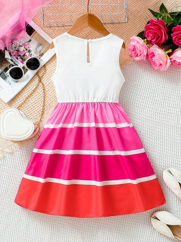 Young Girls' Colorful Sleeveless Dress, Cute And Suitable For Outdoor Activities In Summer
