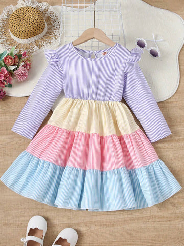 Young Girls Colorful Stripe Patchwork Round Neck Long Sleeve Princess Dress, Autumn/Winter