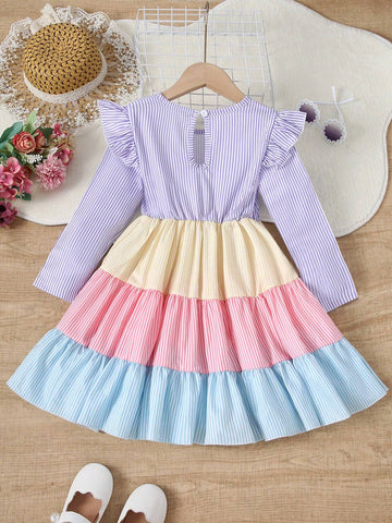 Young Girls Colorful Stripe Patchwork Round Neck Long Sleeve Princess Dress, Autumn/Winter