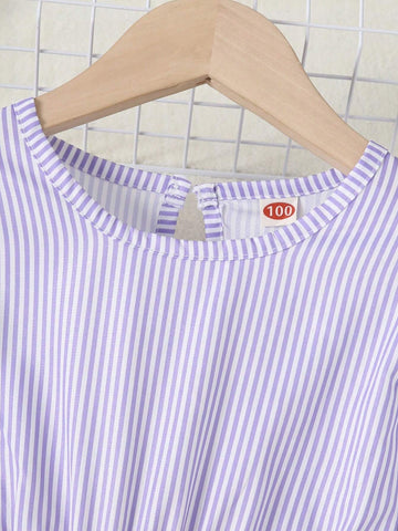 Young Girls Colorful Stripe Patchwork Round Neck Long Sleeve Princess Dress, Autumn/Winter