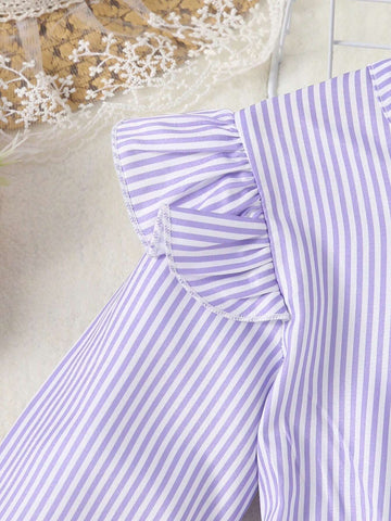 Young Girls Colorful Stripe Patchwork Round Neck Long Sleeve Princess Dress, Autumn/Winter