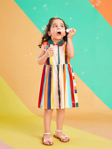 Young Girls Colorful Striped Doll Collar Sleeveless Dress