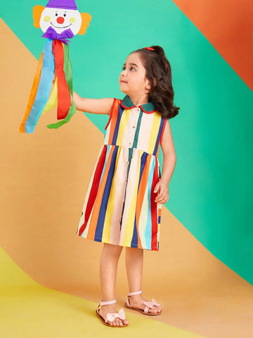 Young Girls Colorful Striped Doll Collar Sleeveless Dress