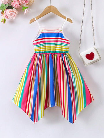 Young Girl's Colorful Striped Spaghetti Strap Irregular Hem Casual Summer Dress