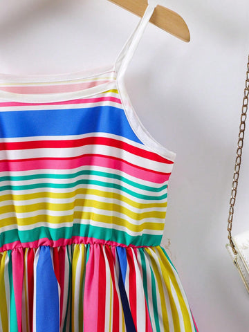 Young Girl's Colorful Striped Spaghetti Strap Irregular Hem Casual Summer Dress