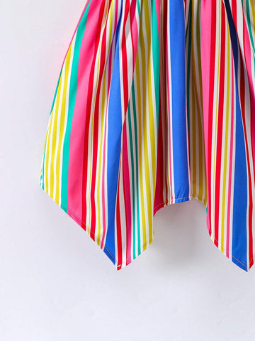 Young Girl's Colorful Striped Spaghetti Strap Irregular Hem Casual Summer Dress