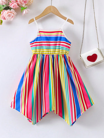 Young Girl's Colorful Striped Spaghetti Strap Irregular Hem Casual Summer Dress