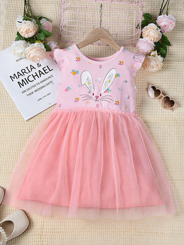 Young Girls' Comfortable Easter Dress With Random Cartoon Rabbit Printed Mesh Skirt Splicing, Casual, Short Sleeves