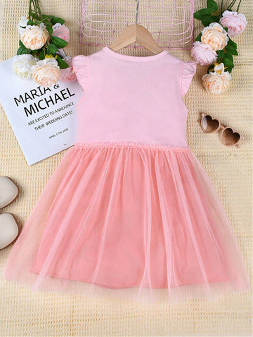 Young Girls' Comfortable Easter Dress With Random Cartoon Rabbit Printed Mesh Skirt Splicing, Casual, Short Sleeves