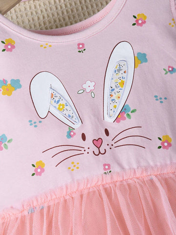 Young Girls' Comfortable Easter Dress With Random Cartoon Rabbit Printed Mesh Skirt Splicing, Casual, Short Sleeves