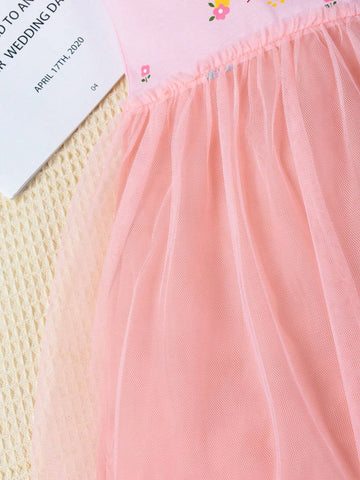 Young Girls' Comfortable Easter Dress With Random Cartoon Rabbit Printed Mesh Skirt Splicing, Casual, Short Sleeves