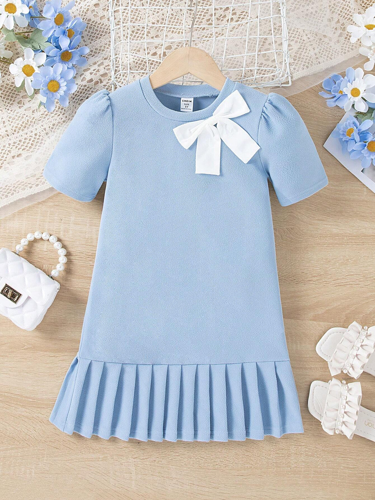 Young Girls' Comfortable & Elegant & Casual Pleated Hem Dress With Bow Tie, Spring/Summer