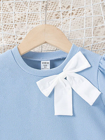Young Girls' Comfortable & Elegant & Casual Pleated Hem Dress With Bow Tie, Spring/Summer