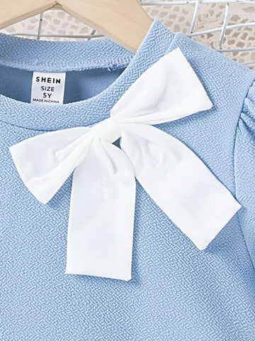 Young Girls' Comfortable & Elegant & Casual Pleated Hem Dress With Bow Tie, Spring/Summer