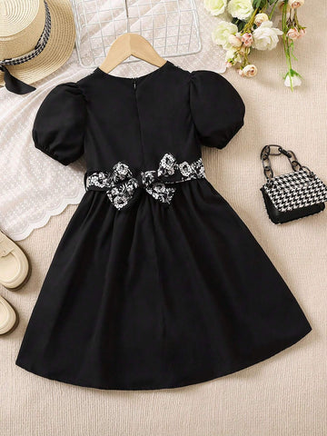 Young Girls' Conservative Short Sleeve Black Base White Floral Print Midi Dress For Summer
