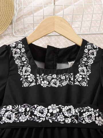Young Girls' Conservative Short Sleeve Black Base White Floral Print Midi Dress For Summer