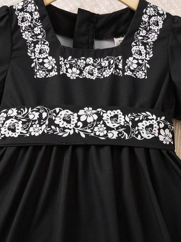 Young Girls' Conservative Short Sleeve Black Base White Floral Print Midi Dress For Summer
