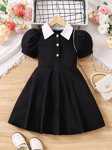 Young Girls Contrast Collar Puff Sleeve Dress For Summer