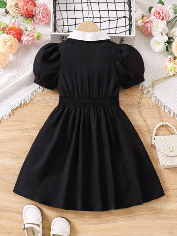 Young Girls Contrast Collar Puff Sleeve Dress For Summer