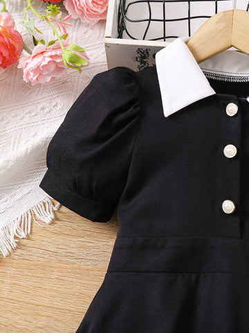 Young Girls Contrast Collar Puff Sleeve Dress For Summer