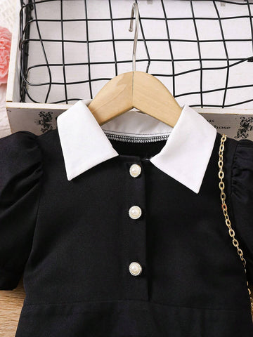 Young Girls Contrast Collar Puff Sleeve Dress For Summer