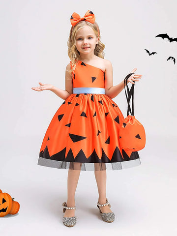 Young Girls' Contrast Color Satin Halloween Party Princess Dress, Perfect For Festival Costume, Comes With Bag And Hair Accessory, Random Floral Pattern Fabric Cutting