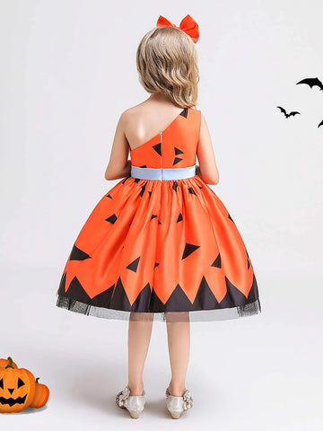 Young Girls' Contrast Color Satin Halloween Party Princess Dress, Perfect For Festival Costume, Comes With Bag And Hair Accessory, Random Floral Pattern Fabric Cutting