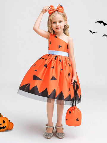 Young Girls' Contrast Color Satin Halloween Party Princess Dress, Perfect For Festival Costume, Comes With Bag And Hair Accessory, Random Floral Pattern Fabric Cutting
