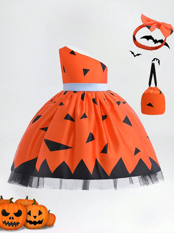 Young Girls' Contrast Color Satin Halloween Party Princess Dress, Perfect For Festival Costume, Comes With Bag And Hair Accessory, Random Floral Pattern Fabric Cutting