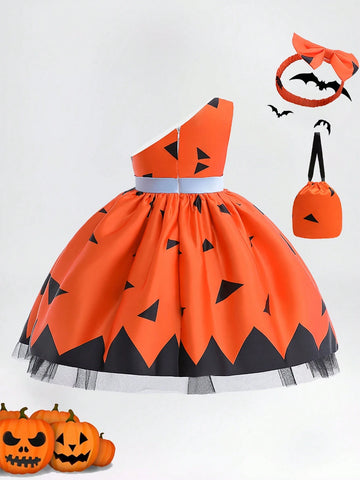 Young Girls' Contrast Color Satin Halloween Party Princess Dress, Perfect For Festival Costume, Comes With Bag And Hair Accessory, Random Floral Pattern Fabric Cutting