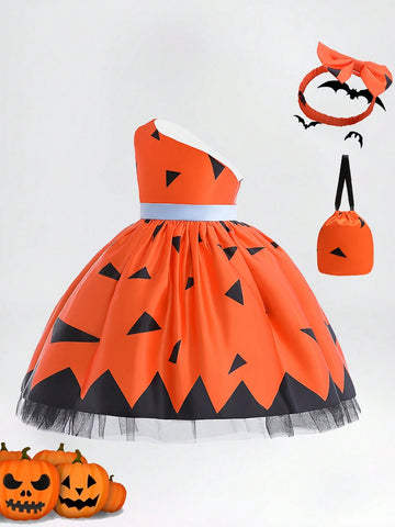 Young Girls' Contrast Color Satin Halloween Party Princess Dress, Perfect For Festival Costume, Comes With Bag And Hair Accessory, Random Floral Pattern Fabric Cutting