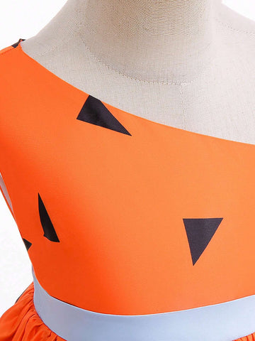 Young Girls' Contrast Color Satin Halloween Party Princess Dress, Perfect For Festival Costume, Comes With Bag And Hair Accessory, Random Floral Pattern Fabric Cutting