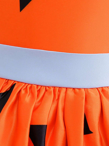 Young Girls' Contrast Color Satin Halloween Party Princess Dress, Perfect For Festival Costume, Comes With Bag And Hair Accessory, Random Floral Pattern Fabric Cutting