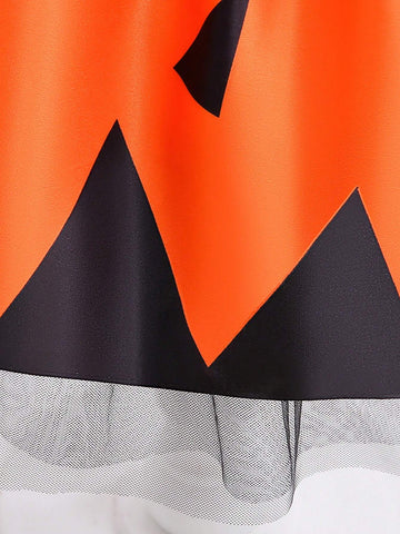 Young Girls' Contrast Color Satin Halloween Party Princess Dress, Perfect For Festival Costume, Comes With Bag And Hair Accessory, Random Floral Pattern Fabric Cutting