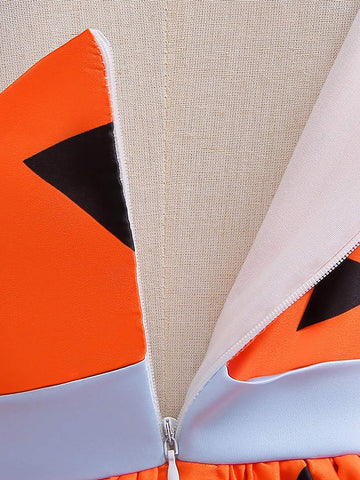 Young Girls' Contrast Color Satin Halloween Party Princess Dress, Perfect For Festival Costume, Comes With Bag And Hair Accessory, Random Floral Pattern Fabric Cutting