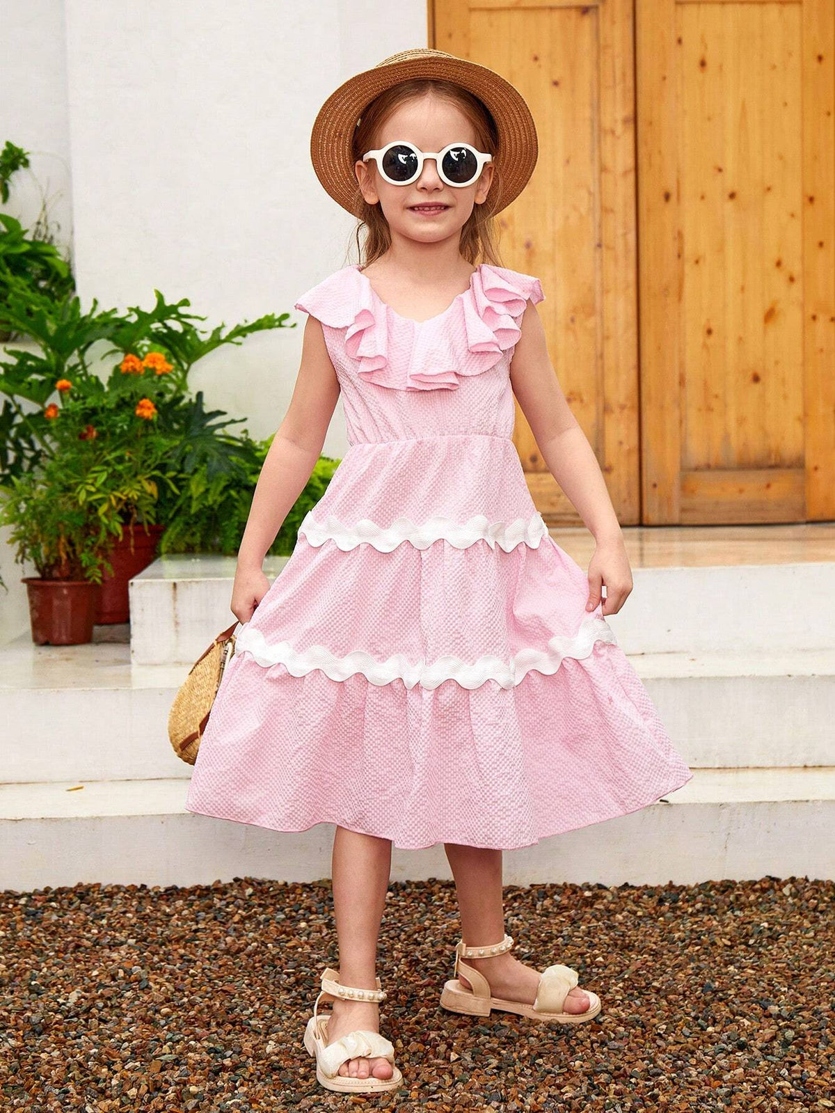 Young Girls Contrast Tape Ruffle Trim Dress For Summer Vacation