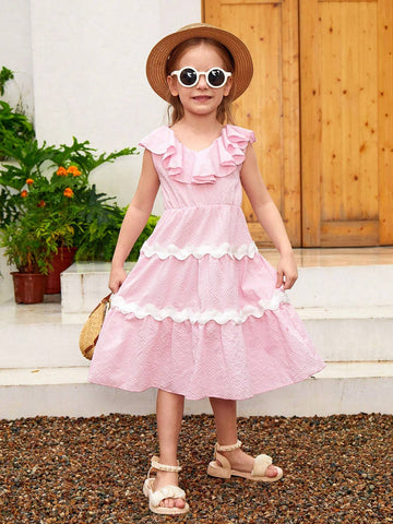 Young Girls Contrast Tape Ruffle Trim Dress For Summer Vacation