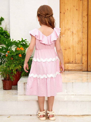 Young Girls Contrast Tape Ruffle Trim Dress For Summer Vacation