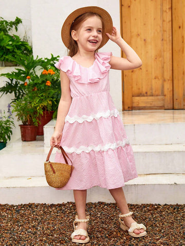 Young Girls Contrast Tape Ruffle Trim Dress For Summer Vacation