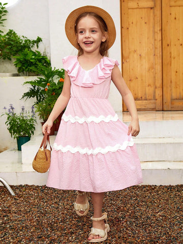 Young Girls Contrast Tape Ruffle Trim Dress For Summer Vacation